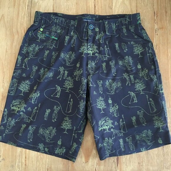 William Murray Mens Size 30 Shorts Straight Blue GOLFER TEE Print Poly Spandex - Picture 1 of 7